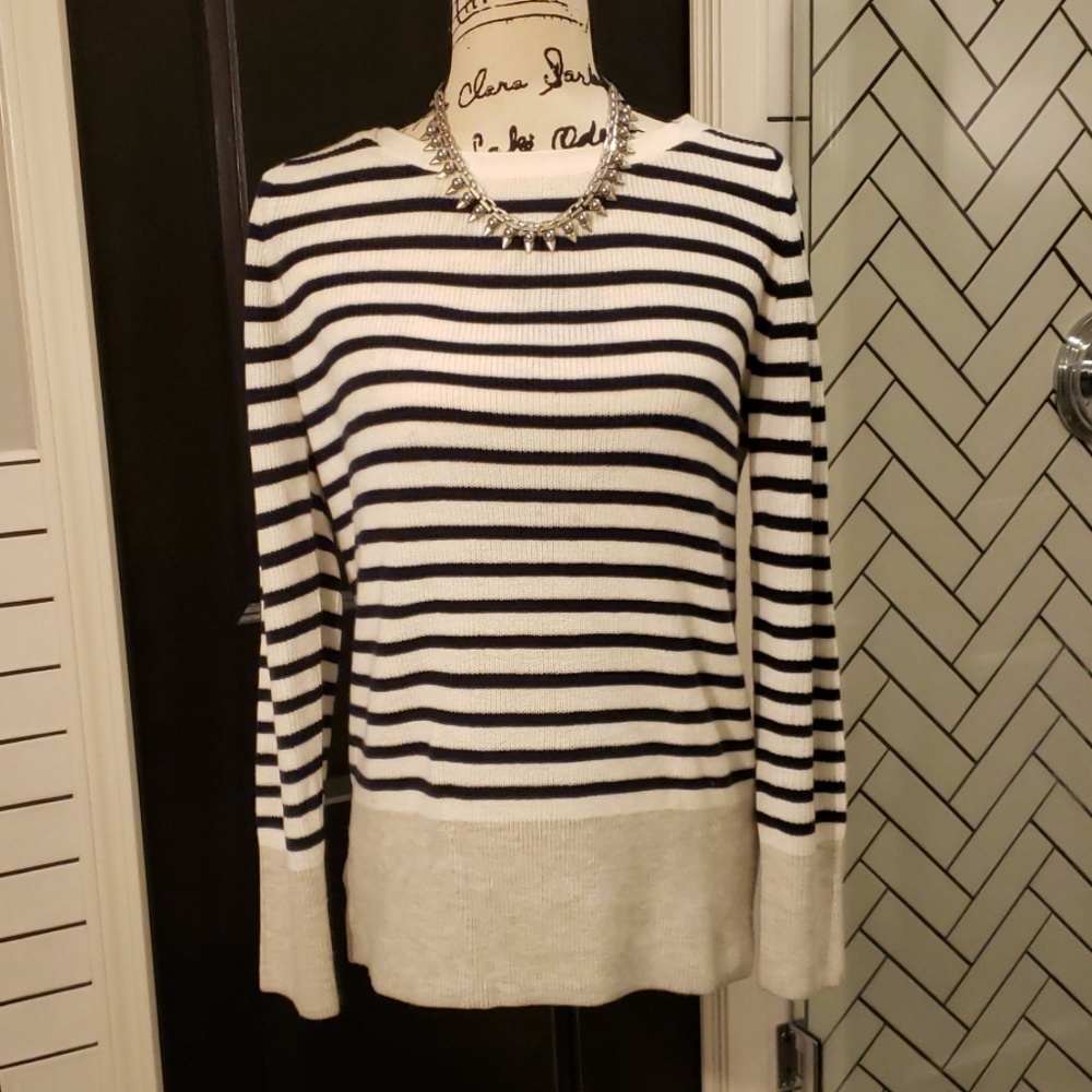 LOFT Navy and White Striped Scoop Neck Sweater with Cream Hem